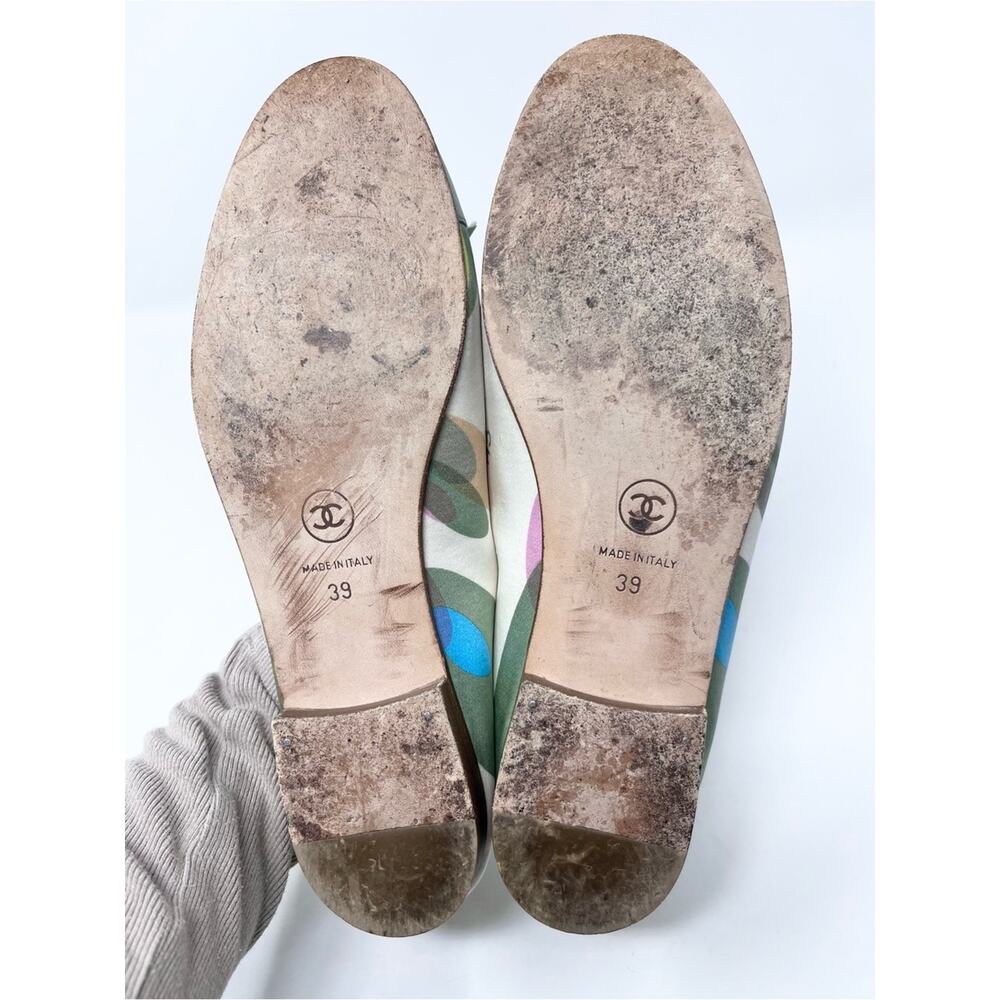 Chanel CC Cap Toe Green Leather Ballet Flat Satin Vintage Karl Lagerfeld size 39 - Picture 7 of 7